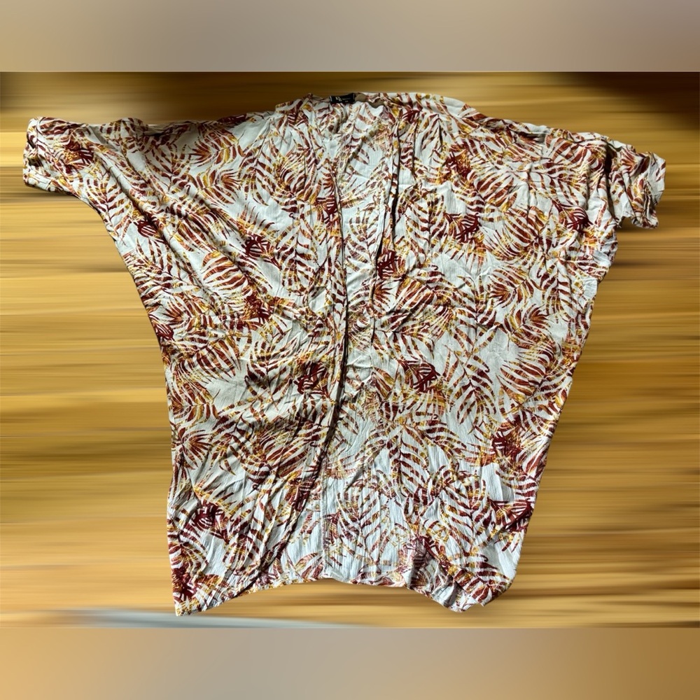 KLd Leaf Print Open Front Cardigan/Duster Dolman Sleeve Oversized Made in US S/M